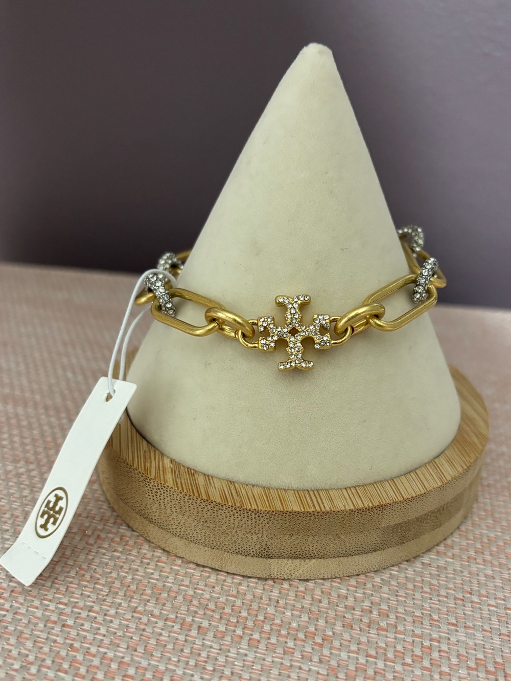 Tory Burch Gold Crystal Logo Link Bracelet